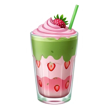 iced strawberry matcha latte in a clear glass with visible ice cubes, pink and green layers, vibrant and cute, emoji style sticker