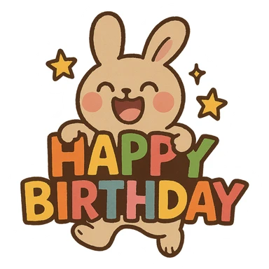 laughing bunny hugging 'Happy Birthday' letters with stars, full body, sticker style sticker