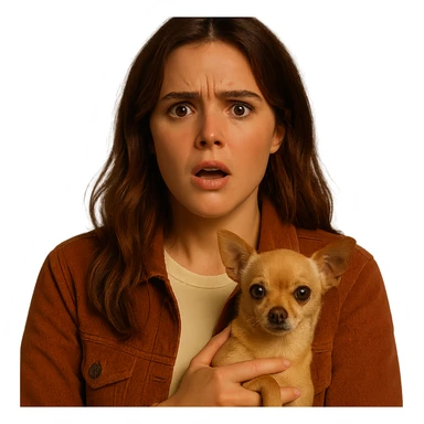 Portrait centered for Instagram profile picture, inspired by the facial features visible in the reference images, with a tanned complexion, subtle freckles, shirt color #FFF8CA, rust-colored jacket, medium-length brown hair with auburn highlights, shocked and outraged expression, holding a beige-brown chihuahua, Netflix series style, transparent background, intimate Tenerife ambiance. sticker
