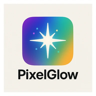 Futuristic logo for PixelGlow: rounded square with a radiant aurora gradient (purple, blue, cyan, green, orange). Centered custom 8-point starburst sparkle, bold and minimal, with soft glow and subtle shadow for depth. Playful, creative, tech-inspired, with tiny pixel hints. White or off-white background for contrast. sticker