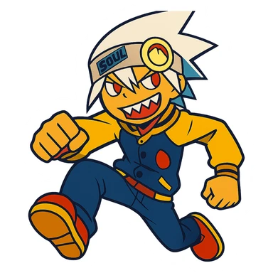 Soul Eater Evans in a dynamic pose, white hair, headband, sharp teeth, wearing his signature jacket, anime style, vibrant colors sticker