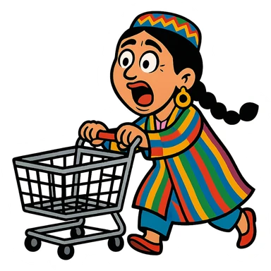 cartoonish Uzbek woman with a shopping cart, exaggerated emotions sticker