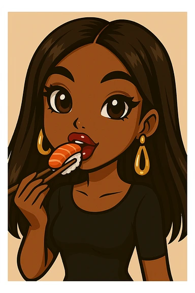 Change her pose to eating sushi with chopsticks, headshot only, 20-year-old anime Bratz style woman with dark skin, straight hair, trendy outfit, big expressive eyes, glossy lips, no hat, no tears, happy expression, both eyes open, looking straight ahead. sticker