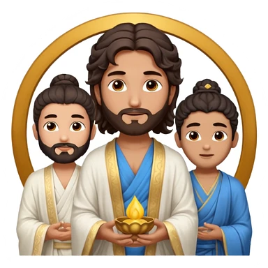Create a Jesus - men long wavy dark-brown hair, short beard, wearing a simple white robe., Krishna- men blue skin with dark curled hair , and Buddha standing together. Buddha: men warm golden or light tan skin, dark curled hair with a traditional top bun (ushnisha)

 sticker