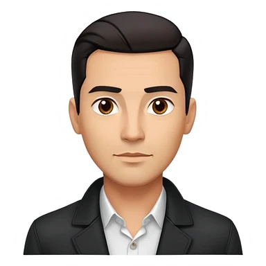 Attractive Hispanic TV host in his early 40s with light brown skin, short straight black hair slicked back with fade on sides, square handsome face with strong jawline, friendly approachable expression, wearing black jacket with white buttoned shirt underneath sticker