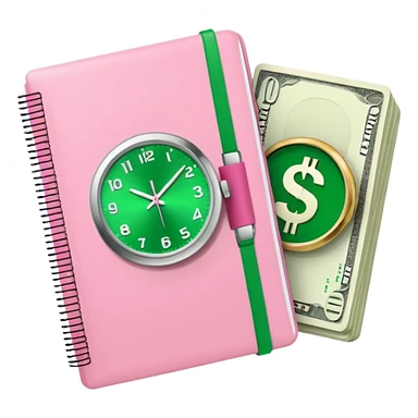 Libreta rosa, reloj femenino blanco y un dolar sticker