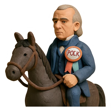 Polk riding a dark horse, campaign ribbon, soft pastel colors, claymation style sticker