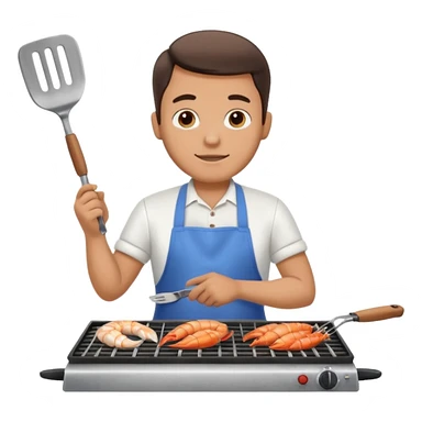 man grilling seafood on a sizzling grill sticker