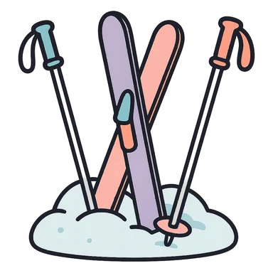 cross-country skis and poles on the sides, all stuck at different angles into a snowdrift, detailed shading, thin clean outlines, soft rounded features, pastel palette #98B5BC #B5B3C1 #C9A3C9 #E4C0CA #F7DCD1 #F7C0AA, Japanese pop art, sticker look, highly detailed, vector clarity, soft lighting, subtle shadows, transparent background sticker