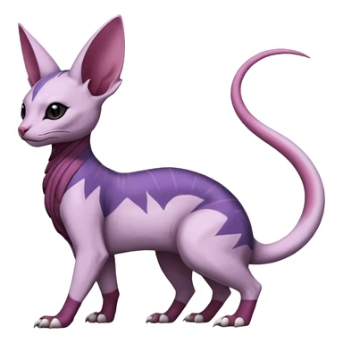 Purple, white, black, Minccino-Nidoran-Sphynx-Lykoi-Linoone-Zangoose-fusion-hybrid-animal-Fakémon-creature, full body, thin long sleek scaly tail, intricate markings sticker