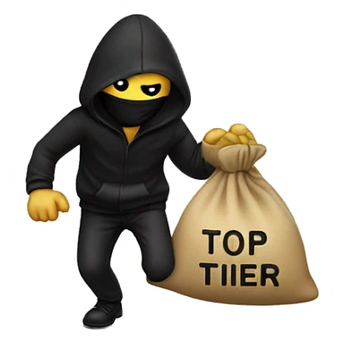Thief wearing all black clothes actively stealing a money bag with the words Top Tier embroidered on it sticker