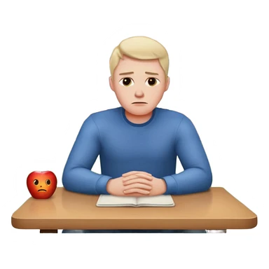 a man sits sadly at a table, a house burning in the distance behind him, apple style emoji sticker