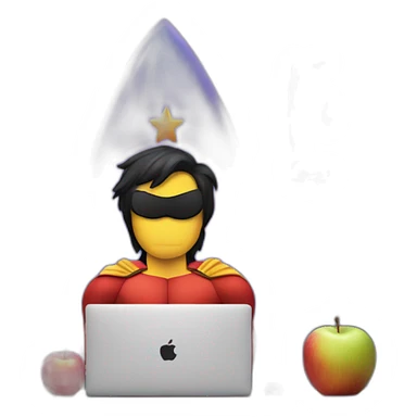 superhero with a rocket emblem sitting in front of his MacBook also with a rocket instead of an apple as the logo sticker