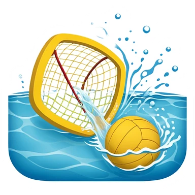 An icon featuring a yellow water polo ball floating on the water with goals in the background, inside a swimming pool. The design includes splashes and ripples, symbolizing the fast-paced action and strategy of water polo. Transparent background highlights. sticker