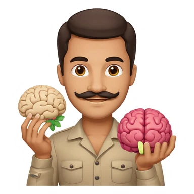 attractive man with dark hair and mustache holding a brain as an emoji sticker