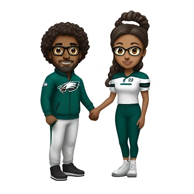 Brown guy and brown girl with glasses and hair in a bun in Philadelphia eagles clothes holding hands sticker