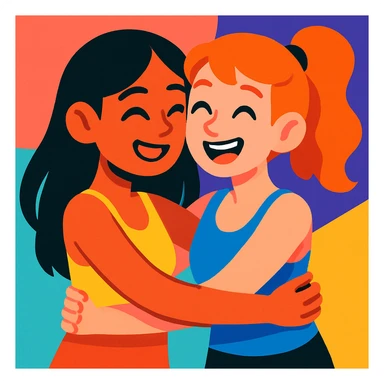 two girls hugging, both wearing tank tops, best friends, happy, modern colorful cartoon style illustration sticker