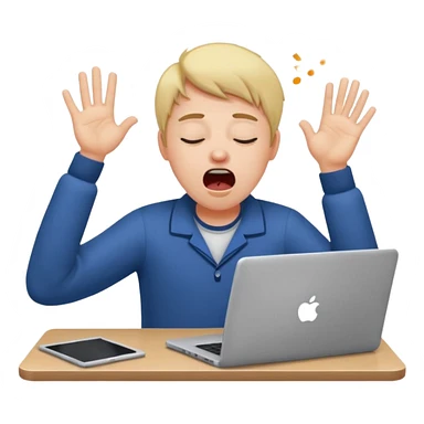 sleepy student with laptop, hands up sticker