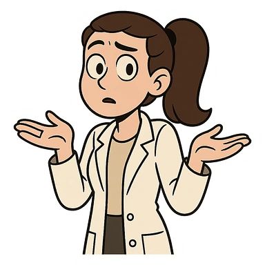 scientist woman shrugging, brunette ponytail, curious, lab coat, cartoon style sticker