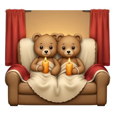 Two cozy teddy bears cuddling wrapped in a blanket watching tv on couch with candles next to them sticker