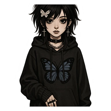 emo girl with heart-shaped face, oversized hoodie, butterfly motif, gothic accessories sticker