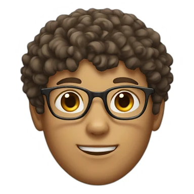 head of a boy with brown curly short hair and white glasses with a dark cat sticker