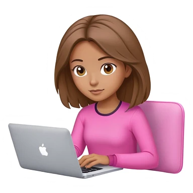Beautiful programmer girl with brown blowout hair and pink clothes working with MacBook sticker