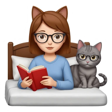 A girl is lying in bed. She has short chestnut hair styled neatly, is wearing glasses, and is reading a book. A grey cat is lying on her legs. The girl has no headband or ears, and the cat is not wearing glasses. sticker