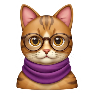 apple emoji style cat head, smooth and rounded, unique fur pattern with varied colors, large eyes with varying eye colors, wearing tinted glasses and a scarf with distinct color and design, focus on accessories, no body parts sticker