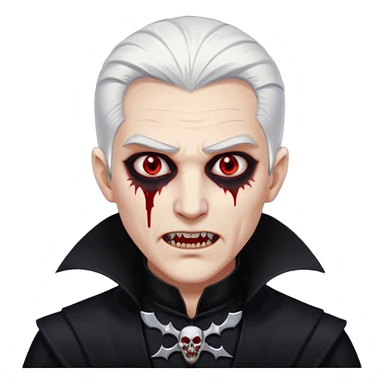 Creat a young man Vampire with white skin and white hair "make him have slide back hair" and full black vampire clothes and bloody eyes and long fangs and scary dead eyes sticker