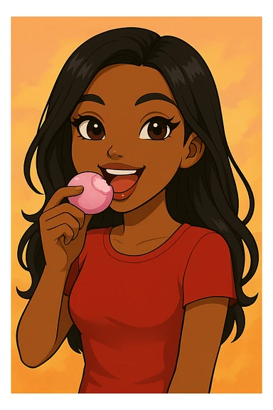 Change the pose to eating pink mochi ice cream, headshot only, 20-year-old anime Bratz style woman with dark skin, straight hair, brown eyes, red shirt, trendy outfit, glossy lips, no hat, no tears, happy expression, both eyes open, looking straight ahead. sticker