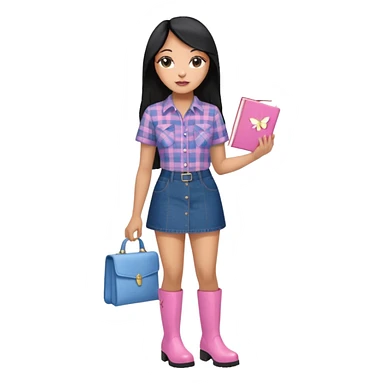 A plus-size light-skinned Black woman is wearing makeup. She has long, straight, waist-length black hair and is wearing a short-sleeved flannel shirt with a pink butterfly print, a denim miniskirt, and pink boots. She is standing and holding a book with her forearm raised. sticker