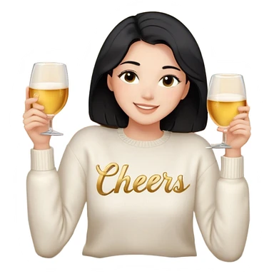 A woman with shoulder-length black hair, light to medium skin tone, full cheeks, and almond-shaped eyes, wearing a white sweater with the word 'cheers' in gold script, lying comfortably on a bed with soft lighting, joyful and radiant expression, no drinks. sticker