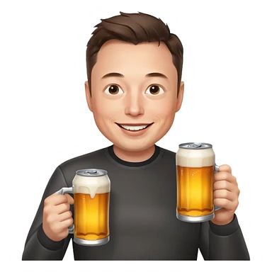 Elon Musk smiling with a beer can sticker