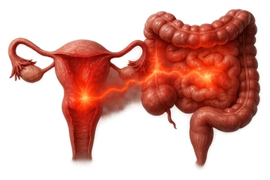 utero umano anatomico iperrealistico e intestino umano anatomico iperrealistico hanno in comune il dolore e l'infiammazione, rendi bene il collegamento tra i due organi doloranti, falla iperrealistica, non disegnata sticker