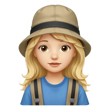 a young student girl with the backpack with bucket hat, blonde wavy long hair sticker