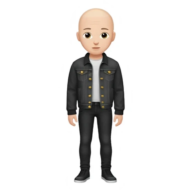  a young man with bald head, black jeans jacket sticker