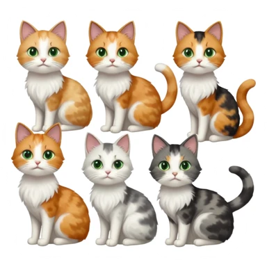 6 realistic looking cats with different natural coloured coats, assorted grey and white, greys, calico colours etc
 sticker