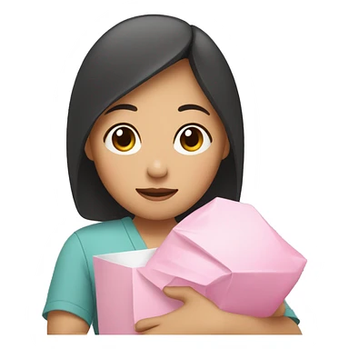 An Asian woman with a baby in her arms, holding a pink package sticker