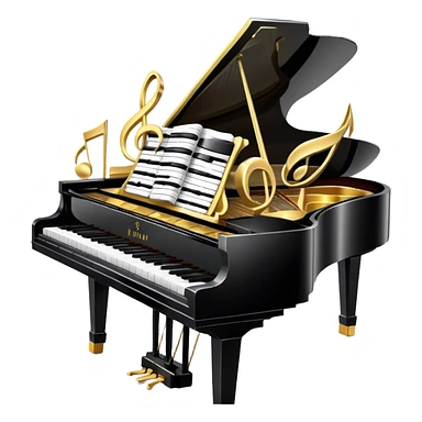 Create a detailed and elegant emoji collage representing keyboard instruments in a celebratory and professional style, reminiscent of a coat of arms. The design should feature a central arrangement of black and white piano keys, forming a symmetrical, powerful image. Around the keys, include a flowing ribbon of musical notes that intertwines with the keys, creating a sense of movement and harmony. Use gold and silver accents to highlight the keys and musical notes, giving the design a festive, high-quality appearance. The design should convey professionalism, elegance, and a sense of occasion. Add subtle reflections on the piano keys to enhance the polished look. The background should be transparent. sticker