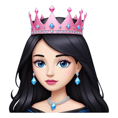 Queen, dark long hair, big crown with pink diamonds, black dress with blue diamonds sticker