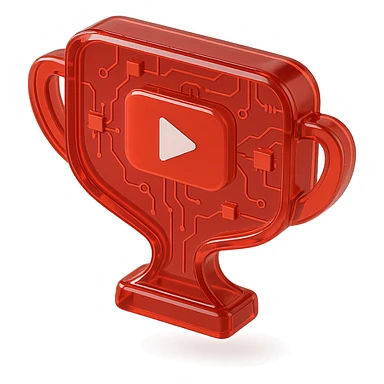red speech bubble shaped like a trophy with a red YouTube play button, glossy circuit style sticker