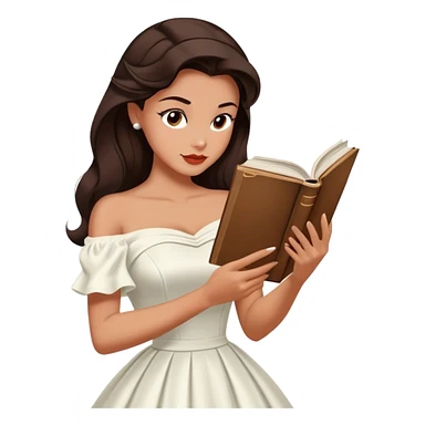 Beautiful woman in 1950’s woman fashion look, off-shoulder white dress, long dark brown hair, reading  sticker