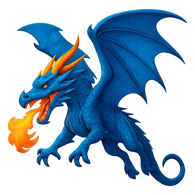 Show this fiery blue dragon with large wings in a dynamic flying pose, keep the style. sticker