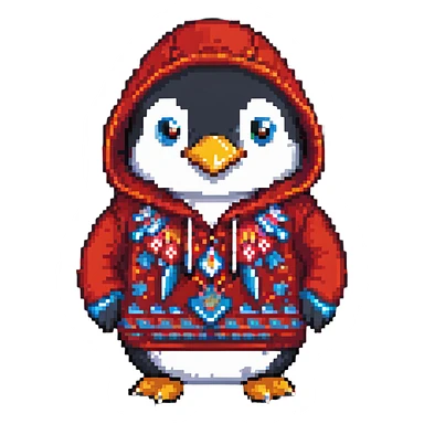 penguin wearing a red paisley pattern hoodie sticker
