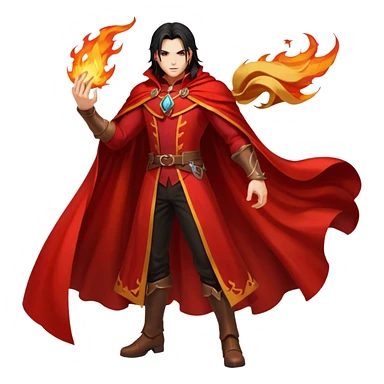 Vincent Valentine from Final Fantasy 7, full body, standing pose, red cape flowing, golden claw, fire swirling around sticker