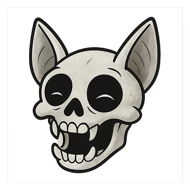 whitish-gray cartoon bat skull with large black eye sockets, expressive, representing figurative death like dying from laughter or affection sticker