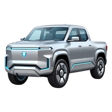 A futuristic electric pickup truck emoji, silver chrome body, angular cyber design, smooth metallic panels, subtle reflections, minimalistic proportions, iOS emoji style, centered composition, clean white background, soft lighting sticker