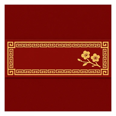 eastern style plaque for post signature, very wide and low long horizontal rectangle, only red and gold colors, with traditional Chinese pattern, minimal peach blossom accent, no text, 900x180px sticker