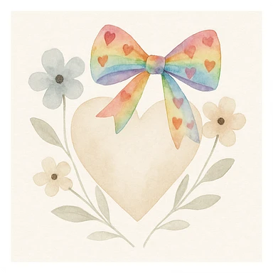 watercolor heart with flowers, rainbow bow with heart pattern on the bow, watercolor style sticker
